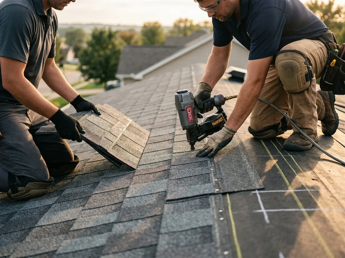 Professional roofer working on a residential roof in Greeneville